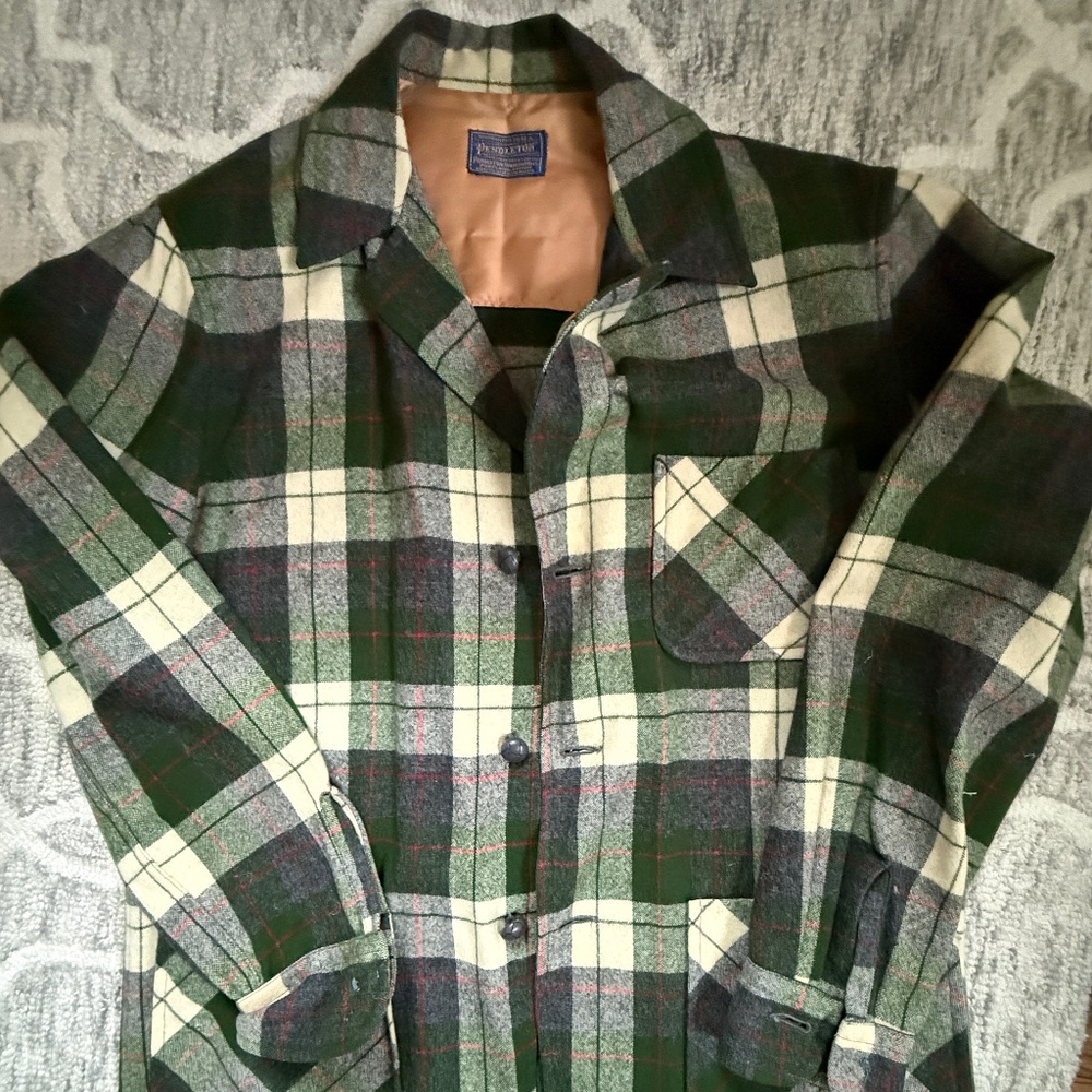 Pendleton Vintage 70s Men’s Plaid Green and Grey Wool 3 Pocket Jacket size M